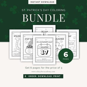 Może przedstawiać: Zestaw kolorowanek na Dzień Świętego Patryka z sześcioma stronami, przedstawiający obrazy podkowy, garnka złota, harfy, kalendarza, koniczyny i kapelusza skrzata. Tekst brzmi "Zestaw kolorowanek na Dzień Świętego Patryka".