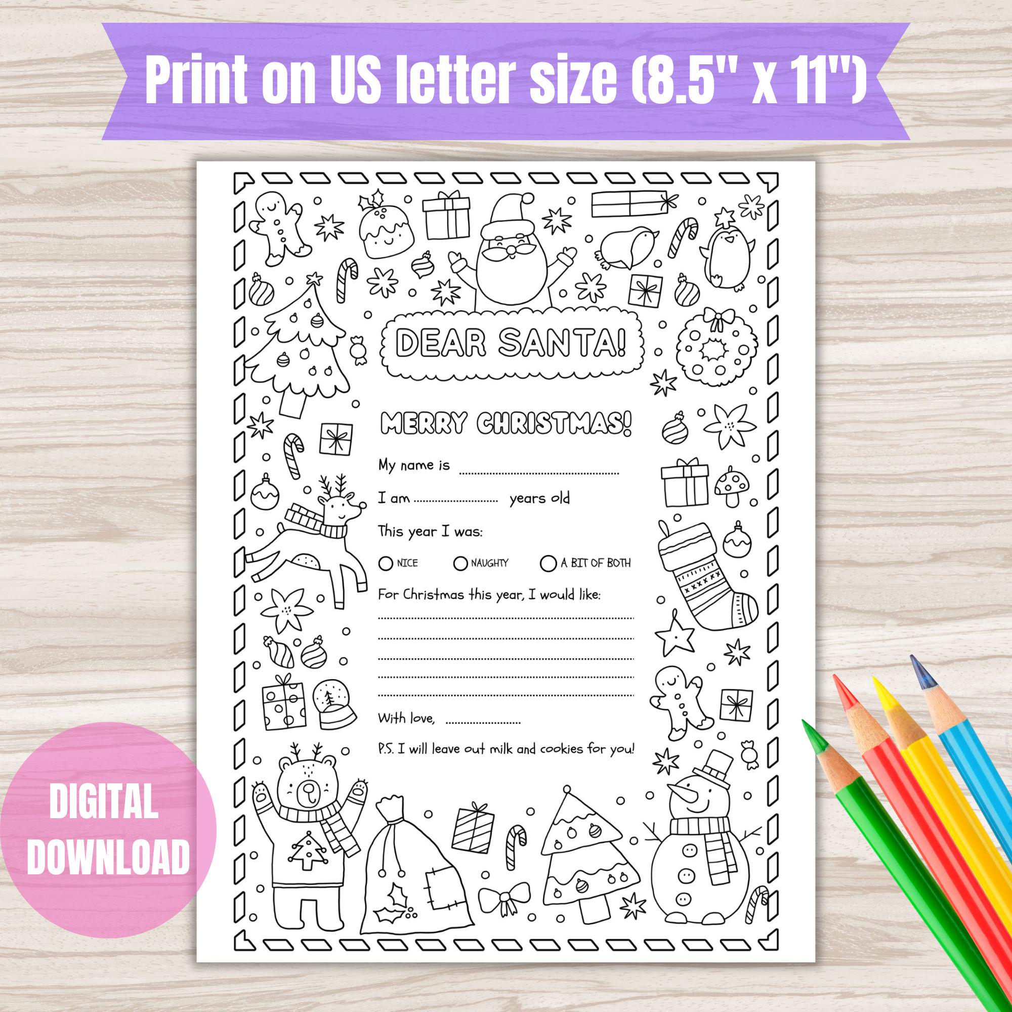 Letter to Santa Coloring Page: Kids Christmas Wish List (digital ...