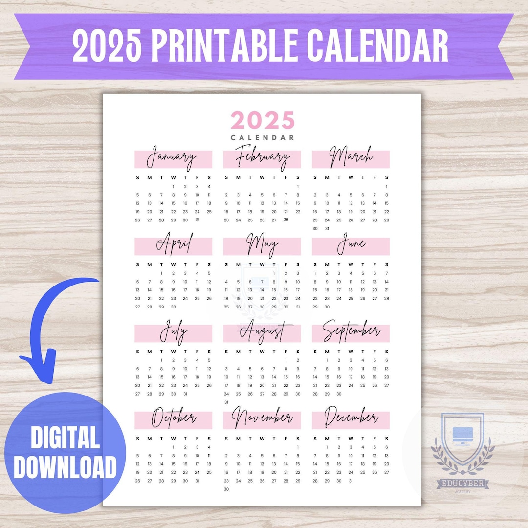 Downloadable Calendar 2025 Printable New Year at a Glance Minimalist ...