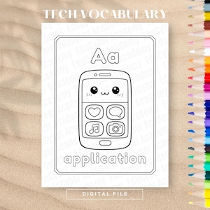 Technology Vocabulary Coloring Page – Kawaii App STEM Resource (Digital Download)