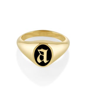 Anel de sinete de esmalte inicial, presente de dia dos namorados, anel de sinete de esmalte preto, anel de sinete de letra, anel inicial personalizado - prata 925