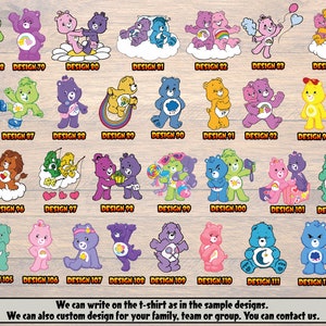 May include: A collection of 113 colorful Care Bear designs featuring different characters and poses. The designs are numbered and labeled with the word "Design" followed by a number. The designs are suitable for use on t-shirts.