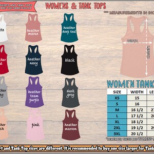 May include: A chart showing the measurements in inches for women's tank tops in sizes XS to 3XL. The chart includes the width and length of each size. The chart also shows a variety of tank top colors, including white, heather mauve, heather deep teal, heather red, heather navy, black, heather grey, heather team purple, dark grey, heather peach, pink, and heather maroon.
