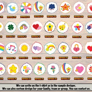 May include: A chart of 40 different Care Bear designs. Each design is a circle with a white background and a colorful graphic in the center. The designs include a heart, a rainbow, a star, a cloud, a flower, a clover, a sun, a moon, a cupcake, a music note, a lock, a trophy, a planet, a kite, a rose, and more.