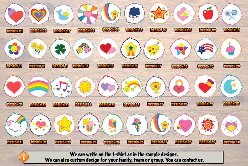 May include: A chart of 40 different Care Bear designs. Each design is a circle with a white background and a colorful graphic in the center. The designs include a heart, a rainbow, a star, a cloud, a flower, a clover, a sun, a moon, a cupcake, a music note, a lock, a trophy, a planet, a kite, a rose, and more.