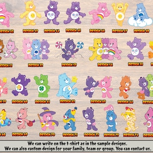 May include: A chart of 76 different Care Bear designs. Each design features a different Care Bear with a unique color scheme and symbol. The designs are numbered from 41 to 76.