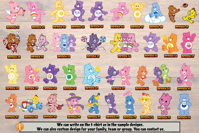 May include: A chart of 76 different Care Bear designs. Each design features a different Care Bear with a unique color scheme and symbol. The designs are numbered from 41 to 76.