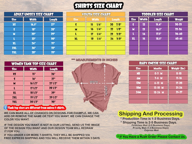 May include: A size chart for adult unisex, youth, toddler, and baby onesie shirts. The chart includes measurements in inches for width and length. The chart also includes weight ranges for toddler and baby sizes.
