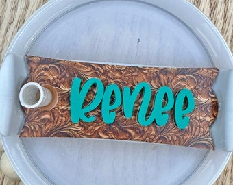 Western Stanley Name Plate, Tooled Leather Name Plate, Stanley Name Plate, Tumbler Name Tag, Personalized Name Plate, Country Name Plate