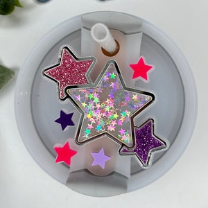 Placa de identificación Stanley de 40 oz, adorno Stanley de estrellas rosa y morado, adorno para vaso de estrella, accesorios Stanley de estrellas, placa de identificación, adorno para tapa