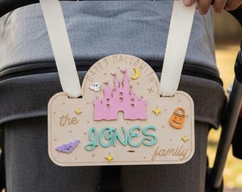 Personalized Stroller Name Tag, Halloween Castle Themed Stroller Tag