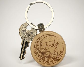 Personalized Foral Moon Keychain, Wood Keychain, Custom Engraving