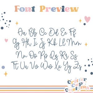 May include: A digital font preview chart displaying the alphabet in uppercase and lowercase letters in a dark blue cursive script. The text 'Font Preview' appears at the top in multicolored letters, with small pink hearts, yellow stars, and dark blue dots.