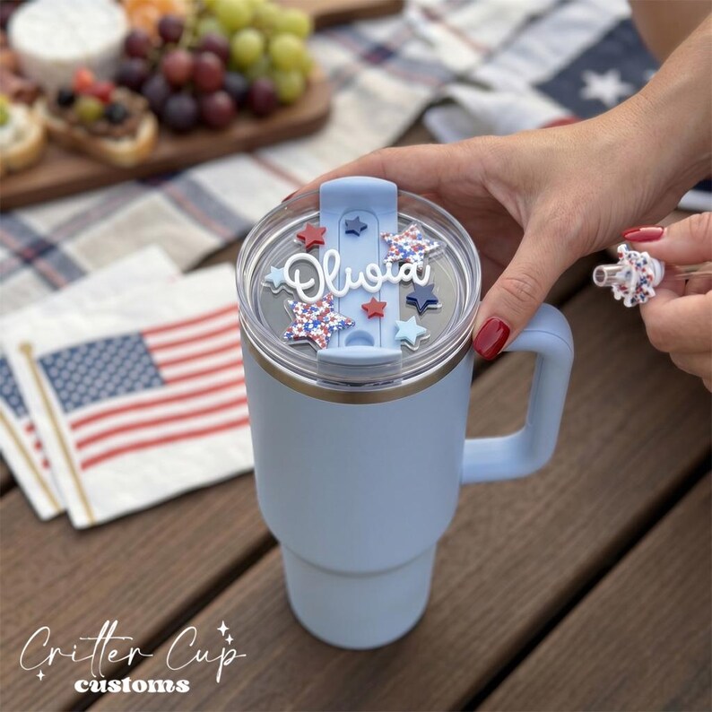Stars Stanley Name Plate, Personalized Stanley Lid Topper, 4th of July Tumbler Name image 2