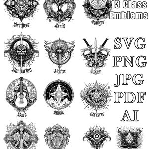 Lot de 13 emblèmes de classe, donjons et dragons, classe de joueur, donjon et dragon, fichier pour la fabrication