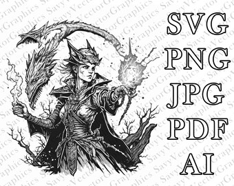 Female Warlock, Warlock, SVG, Shades of Gray on White Background, D&D, Fantasy, Cricut, Laser, Dungeons and Dragons, Player Class