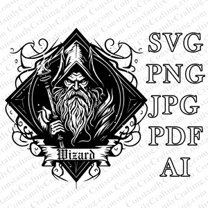 May include: Black and white illustration of a wizard with a long beard and a pointed hat holding a torch. The image is set within a diamond shape with a banner that reads "Wizard".