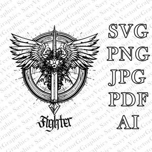 May include: Black and white illustration of a winged sword with a circular design and the word "Fighter" below. The image is surrounded by a white background.