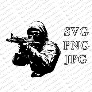 May include: Black and white silhouette of a person wearing a hooded jacket and holding a rifle. The person is aiming the rifle. The text "SVG PNG JPG" is in the background.