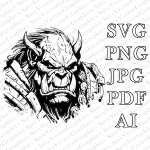 Puede incluir: Ilustración en blanco y negro de una criatura fantástica feroz y gruñona con cuernos y una gran boca. La imagen está rodeada de texto que dice "SVG, PNG, JPG, PDF, AI".