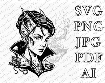 Tiefling, Tiefling SVG, Shades of Gray on White Background, D&D, Fantasy, Cricut, Laser, Dungeons and Dragons, Player Class