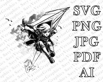 以下が含まれることがあります： パラシュートで空を飛んでいるビデオゲームのキャラクターの白黒イラスト。キャラクターは緑色のチュニックと剣を身につけています。水彩画風です。