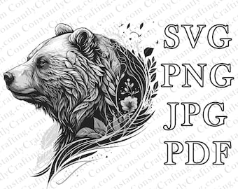 Gedetailleerde berenkop SVG, beer SVG, beer tattoo SVG, gesneden bestand Cricut, xTool, laser, sticker beer