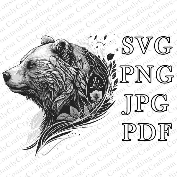 Tête d'ours détaillée SVG, SVG d'ours, SVG de tatouage d'ours, coupe fichier Cricut, xTool, Laser, décalque d'ours