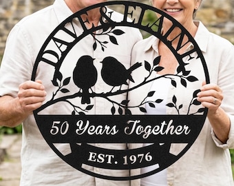 Personalized Anniversary Metal Sign, Love Birds Wall Art, Wedding Anniversary Gifts For Couple, Husband, Wife
