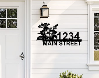 Hibiscus metalen adresbord, aangepast huisnummer, housewarmingcadeau