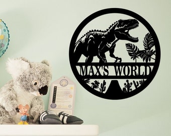 Custom T-Rex Metal Wall Art with LED Lights, Dinosaur Name Sign