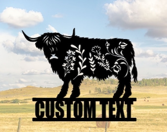 Personalized Highland Cow Metal Sign, Floral Farmhouse Wall Art