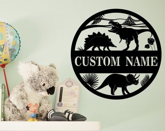 Custom Dinosaur Name Metal Wall Art, LED Dino Decor