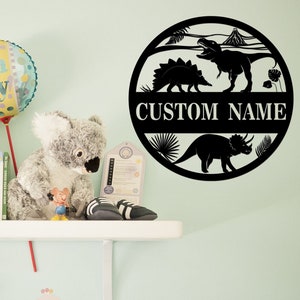 Dinosaur Metal Wall Art with Led Lights Custom Dinosaur Name Sign Dinosaur Decoration Dinosaur Room Decor for Boys Xmas Gift for Kids
