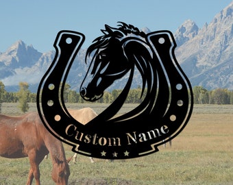 Horseshoe Metal Sign Personalized Horse Name Sign Horseshoe Horse Head Wall Art Farmhouse Ranch Barn Decor Horse Lover Gift