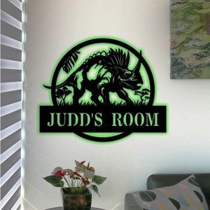 Triceratops Dinosaur Metal Wall Art with Led Lights Custom Dinosaur Name Sign Dinosaur Decor Dinosaur Room Decor for Boys Xmas Gift for Kids