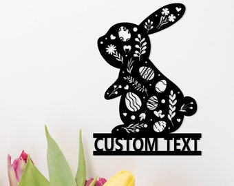 Floral Rabbit Metal Wall Art Easter Bunny Sign Custom Bunny Flower Sign Happy Easter Sign Nursery Decoration Easter Gift