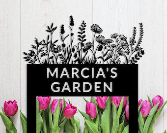 Flores Metal Garden Sign con estacas personalizadas, Garden Metal Sign para macizos de flores, Metal Yard Art, Regalos de jardinería, Regalo para la madre