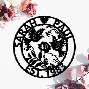 May include: Black metal sign with the names "Sarah" and "Paul" and the text "Est. 1983" and "40" in a heart shape. The sign features two birds and floral designs.