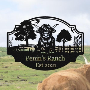 Kundenspezifisches Highland Kuh Farm Zeichen Personalisierte Highland Cattle Metall Wand Kunst Cattle Farm Name Schild Ranch Dekor Housewarming Geschenk für Farmer