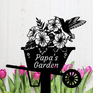 Flowers Wheelbarrow Metal Garden Sign Personalized, Garden Metal Sign for Flower Beds, Outdoor Metal Yard Art, Gardening Gifts