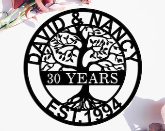 Custom Anniversary Metal Sign, 30th Anniversary Gift, Tree of life Metal Wall Art, Wedding Anniversary Sign, Personalized Family Name Sign