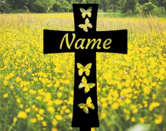 Pieu commémoratif de croix de papillon personnalisé, croix en métal avec des papillons pour le jardin, pieu de croix commémorative, pieu de tombe en métal, pieu de cimetière