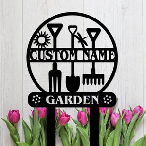 Custom Metal Garden Sign with Stakes, Personalized Metal Garden Name Sign, Gardener Gift, Metal Yard Decor, Gardening Gifts,  Garden Decor