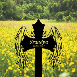Memorial Cross Stake Personalized,Metal Cross with Angel Wings for Ourdoor, Memorial Cross Stake, Metal Grave Stake,Cemetery Stake