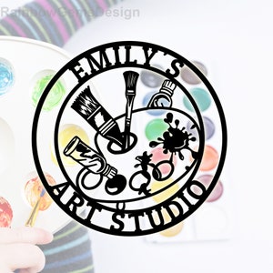 Letrero de estudio de arte personalizado, arte mural de metal para pintar, letrero con nombre de artista, regalo para profesor de arte, letrero de metal con herramientas de artista, regalo para amantes del dibujo