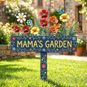 Può includere: Un cartello da giardino blu con la scritta "MAMA'S GARDEN" in lettere gialle. Il cartello è decorato con fiori di metallo colorati ed è posto in un giardino erboso.