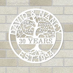 Puede incluir: C&iacute;rculo de madera blanco con un dise&ntilde;o de &aacute;rbol y el texto "David & Nancy 30 Years Est 1994".