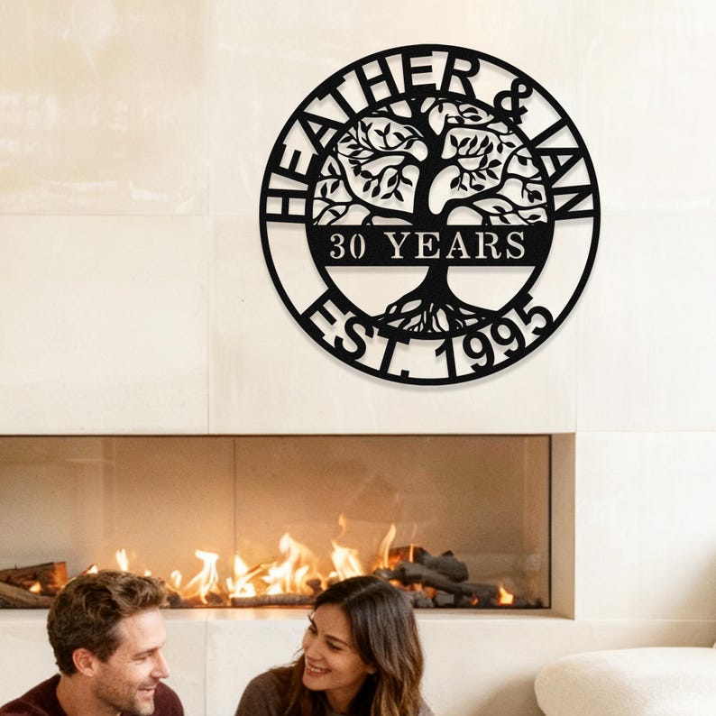 Arte de pared de metal personalizado para 30 años, letrero de árbol de la vida de metal personalizado, regalos de San Valentín para pareja, esposo y esposa. imagen 2