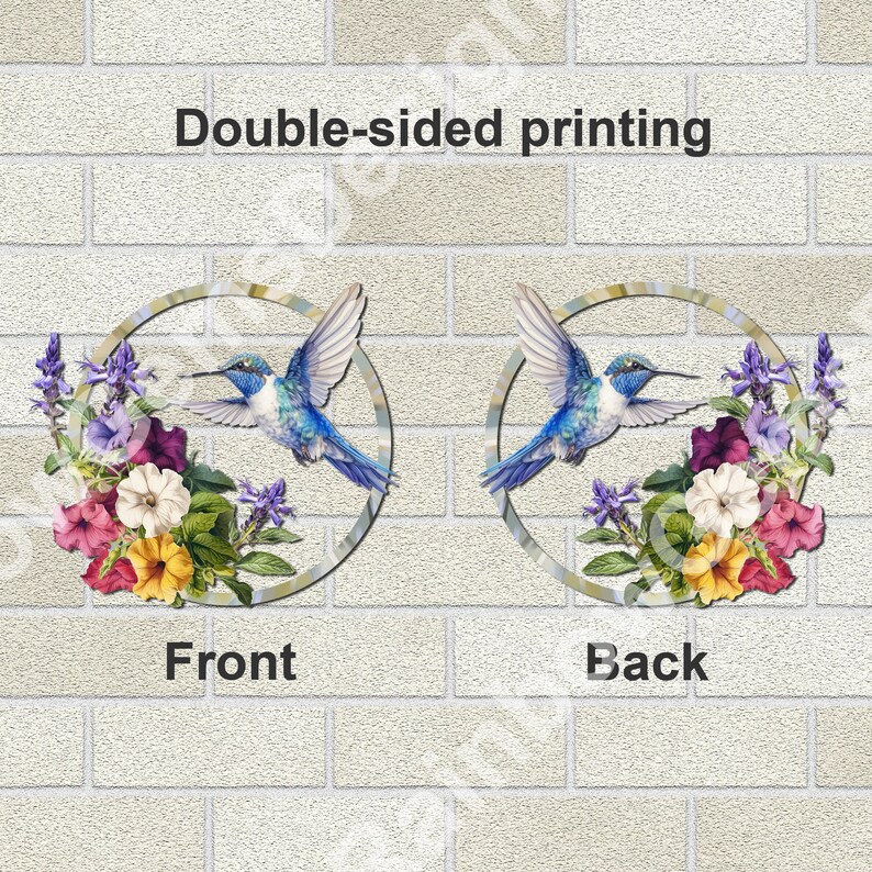 May include: Double-sided print of a hummingbird in flight with a floral wreath. The hummingbird is blue and white with a long beak. The flowers are pink, purple, yellow, and white. The text "Front" and "Back" are printed below the images.